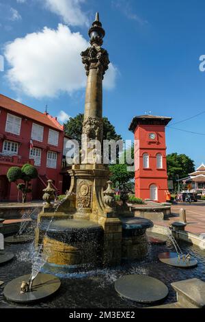 Malacca, Malaysia - November 2022: Views of Dutch Square with the Melaka Clock Tower on November 30, 2022 in Malacca, Malaysia. Stock Photo