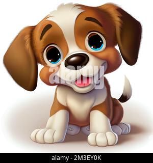 a cute puppy sitting down with a big smile on his face and eyes. . Stock Photo