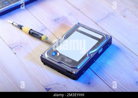 hard drive from an old computer on the table Stock Photo