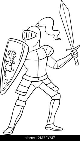 Knight in a Fighting Pose Coloring Page for Kids Stock Vector Image ...