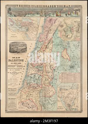 Map of Palestine and all Bible lands, containing the ancient and modern names of all known places, a table of seasons, weather, productions, etc., the journeys of the Israelites from Egypt, the world as known to the Hebrews, the travels of the apostle Paul, the holy city of Jerusalem, altitudes in English feet on the locality, texts of scripture cited to cities, etc , Illustrations, Geography, Maps, Israel, Maps, Palestine, Maps, Sinai Egypt, Maps Norman B. Leventhal Map Center Collection Stock Photo