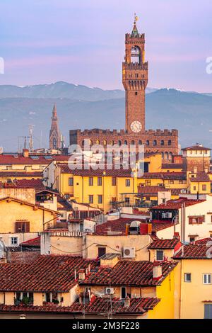 Florence, Italy towards the town hall at dusk. Stock Photo