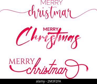 Merry Christmas script hand lettering on white and red backgrounds, Merry Christmas text styles, Merry Christmas 2023 calligraphy Stock Vector