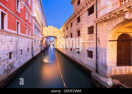 Bridge of Sighs in Venice, Italy at blue hour. Stock Photo