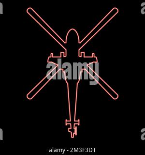 Neon helicopter top view Battle helicopter red color vector illustration image flat style light Stock Vector