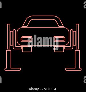 Neon car lift Car repair Service concept Car on fix lift Car lifted on auto lift red color vector illustration image flat style light Stock Vector