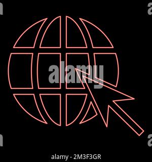 Neon earth ball and arrow Global web internet concept Sphere and arrow Website symbol red color vector illustration image flat style light Stock Vector