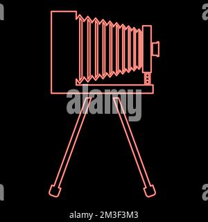 Neon retro camera on tripod Vintage analog film camera Old photo camera red color vector illustration image flat style light Stock Vector
