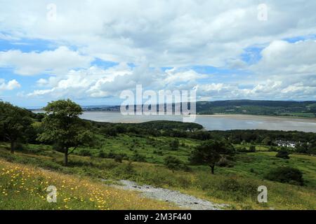 View across the River Kent Estuary to Grange Over Sands from Arnside Knott, Arnside, Cumbria, England, United Kingdom Stock Photo
