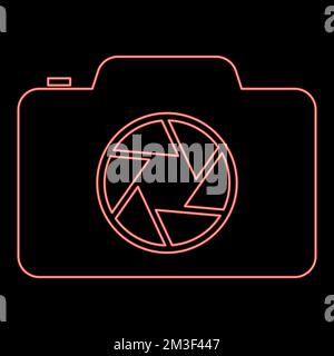 Neon camera with focus of lens concept red color vector illustration image flat style light Stock Vector