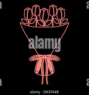 Neon bouquet of flowers Bouquet of roses Present concept Bouquet of rose flower red color vector illustration image flat style light Stock Vector