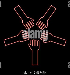Neon five hands Group arms Many hands connecting Open palms People putting their hands together Stack hands concept unity red color vector Stock Vector