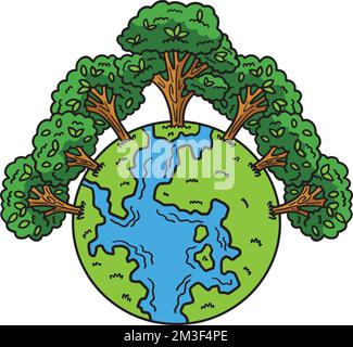 Earth Day Trees Crowning Earth Cartoon Clipart  Stock Vector