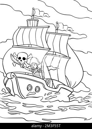 Pirate Ship Coloring Page for Kids Stock Vector