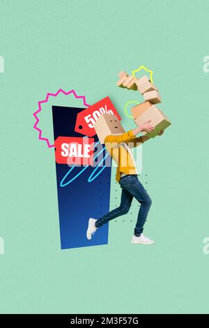 Creative 3d photo artwork graphics painting of funny funky guy running holding boxes pile stack isolated drawing background Stock Photo