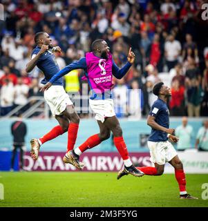 Doha, Qatar. 14th Dec, 2022.  Marcus Thuram (FRA), Dayot Upamecano (FRA), Aurelien Tchouameni (FRA) celebrate the entry into the final France - Morocc Stock Photo