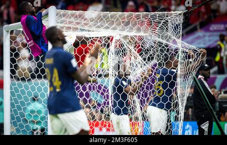 Doha, Qatar. 14th Dec, 2022.  Marcus Thuram (FRA), Dayot Upamecano (FRA), Aurelien Tchouameni (FRA) celebrate the entry into the final France - Morocc Stock Photo