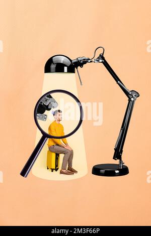 Creative photo 3d collage artwork poster of young man sit suitcase under big table lamp answer question isolated on painting background Stock Photo