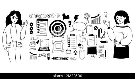 Vector set financial and business icons and business woman. Cute girl with documents and hand gesture ok, laptop and online messages, target, arrow Stock Vector