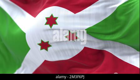 Close-up view of the Burundi national flag waving in the wind. The Republic of Burundi is a country located in the east Africa. Fabric textured backgr Stock Photo