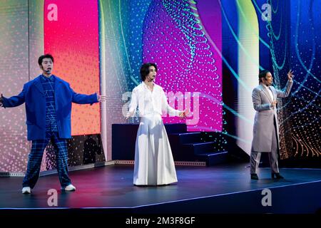 Bangkok, Thailand. 14th Dec, 2022. Thai artists Nine (L), Jeff Satur (C), and SILVY Pavida (R) perform live. The Standard, Bangkok Mahanakhon, celebrates its grand opening with a Festival of Music on 14 December 2022, officially marking the celebrated arrival of The Standard's Asia flagship in the Thai capital. Credit: Matt Hunt/Neato/Alamy Live News Stock Photo