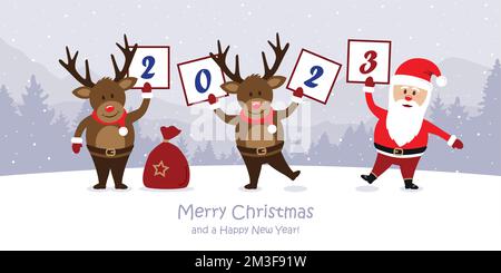 new year 2023 greeting card with cute christmas deer and santa Stock Vector