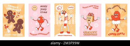Mascot New Year character retro vector set. Holly jolly gift, crazy, groovy christmas greeting card. Gingerbread, santa stick. Stock Vector
