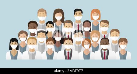 International team of medical doctors in surgical masks. Vector illustration. Stock Vector
