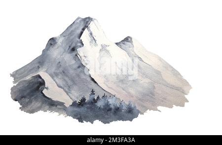 Watercolor illustration of picturesque snowy mountains and trees isolated Stock Photo