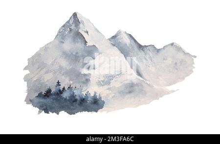 Watercolor illustration of picturesque snowy mountains and trees isolated Stock Photo