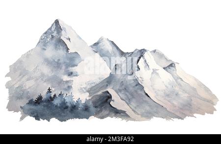 Watercolor illustration of picturesque snowy mountains and trees isolated Stock Photo