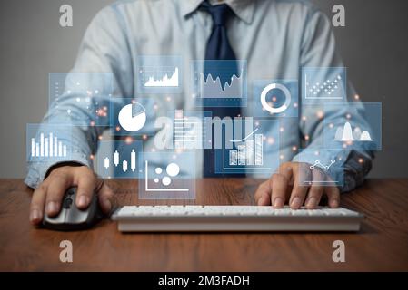 Big data analytics and business intelligence, business analytics concept with chart and graph icons on a digital screen interface with key performance Stock Photo