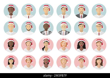 Men and women in red hats. Set of Christmas profile avatars. Vector. Stock Vector