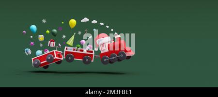 Train and wagons jump with gifts and Christmas decorations on green background. Holidays delivery concept 3D Render 3D illustration Stock Photo