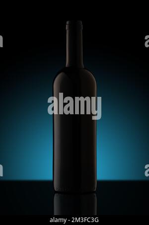 empty dark wine bottle on black background with blue gradient Stock Photo
