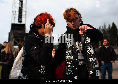 Concertgoers pose for a portrait during the third day of the comeback of 'Rock al Parque' music festival, the biggest rock festival in latin america a Stock Photo