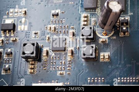 Close-up of electronic circuit board. Microchip consept background. Digital electronic background. Stock Photo