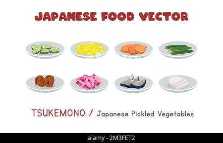 Japanese Tsukemono Set - Japanese Pickled Vegetables flat vector design illustration, clipart cartoon style. Asian food. Japanese cuisine Stock Vector