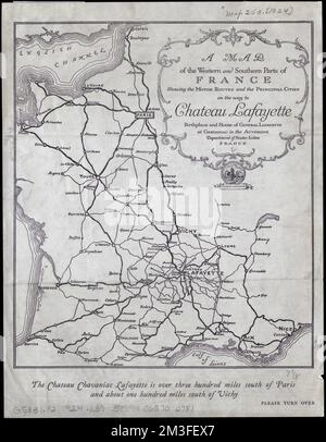 A map of the western and southern parts of France showing the motor routes and the principal cities on the way to Chateau Lafayette : birthplace and home of General Lafayette at Chavaniac in the Auvergne Department of Haute-Loire, France , France, Maps, Roads, France, Maps Norman B. Leventhal Map Center Collection Stock Photo