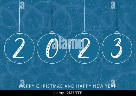 New Year greeting card 2023. Handwritten numbers in Christmas balls. White text Merry Christmas and Happy New Year. Blue background, frosted pattern. Stock Vector