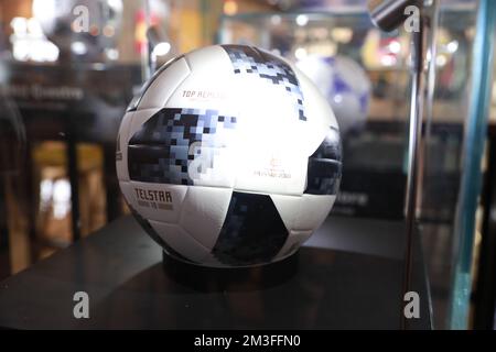 XI'AN, CHINA - DECEMBER 14, 2022 - A soccer Telstar for the 2018 Russia World Cup is on display at a shopping mall in Xi 'an, Shaanxi province, China, Stock Photo