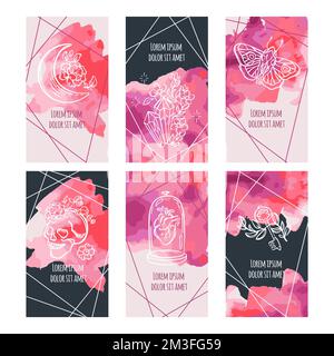STORIES CELESTIAL Abstract Template Banners Concept For Social Media Red And Black Watercolor With Mystic Elements And Text Internet Website Design Co Stock Vector