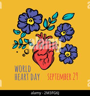 WORLD HEART DAY Medicine Careful Human Health Holiday Poster Heart In Flowers With Leaves And Text On Orange Background Vector Illustration 21 Septemb Stock Vector