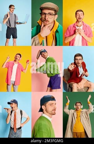 Collage. Portraits of young man in different clothes posing over multicolored background Stock Photo