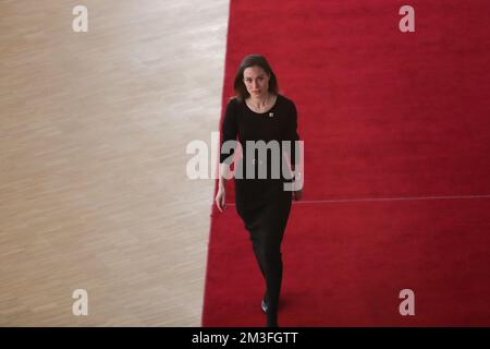 Brussels, Belgium. 15th Dec, 2022. Finnish Prime Minister Sanna Marin arrives for the European Council meeting in Brussels, Belgium, Dec. 15, 2022. Credit: Zheng Huansong/Xinhua/Alamy Live News Stock Photo