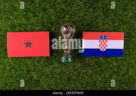 December 15, 2022, Doha, Qatar, Flags of the participants in the match for the 3rd place of the FIFA World Cup between the national teams of Morocco a Stock Photo