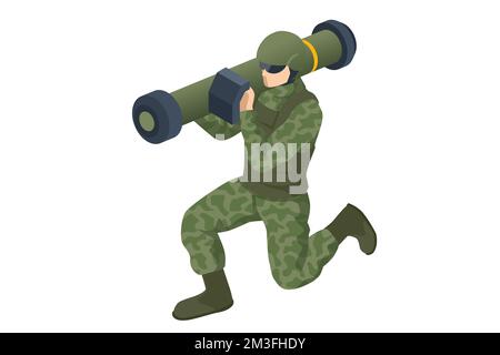Isometric Special Forces Soldier Police, Swat Team Member. Army Soldier with NLAW, Anti-tank guided missile. Army, military and people concept Stock Vector