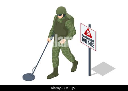 Isometric Special Forces Soldier Police, Swat Team Member. Isometric Soldiers Mine. Military landmine clearing equipment. Special force crew. Military Stock Vector