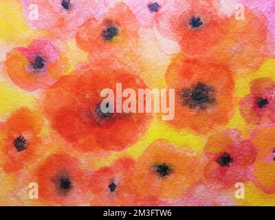 Floral pattern of watercolor flowers in red, orange and yellow colors. Flower glade brush drawing, poppy abstraction. Stock Photo