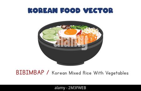 Korean Bibimbap - Korean Mixed Rice with Vegetables and Egg flat vector design illustration, clipart cartoon style. Asian food. Korean cuisine Stock Vector